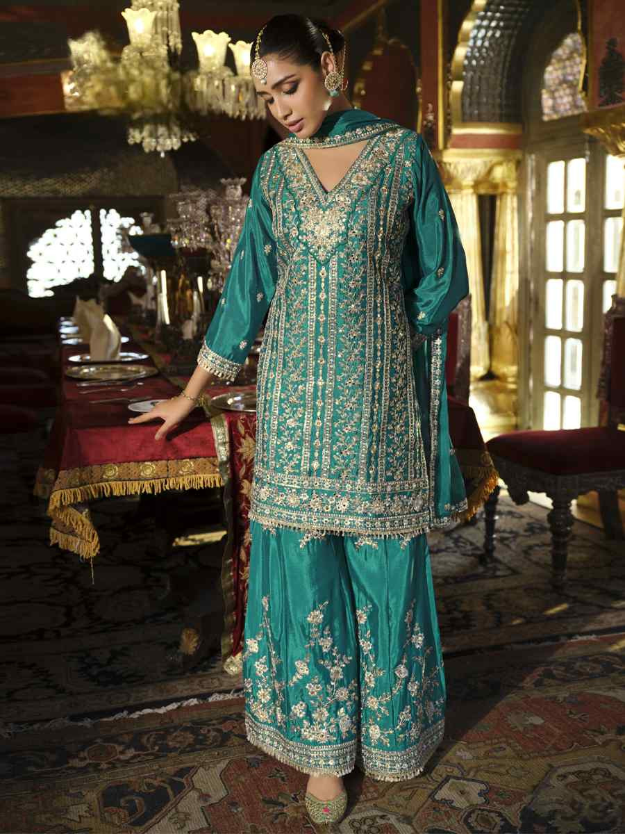 Turquoise Real Chinon Embroidered Party Wedding Ready Palazzo Pant Salwar Kameez