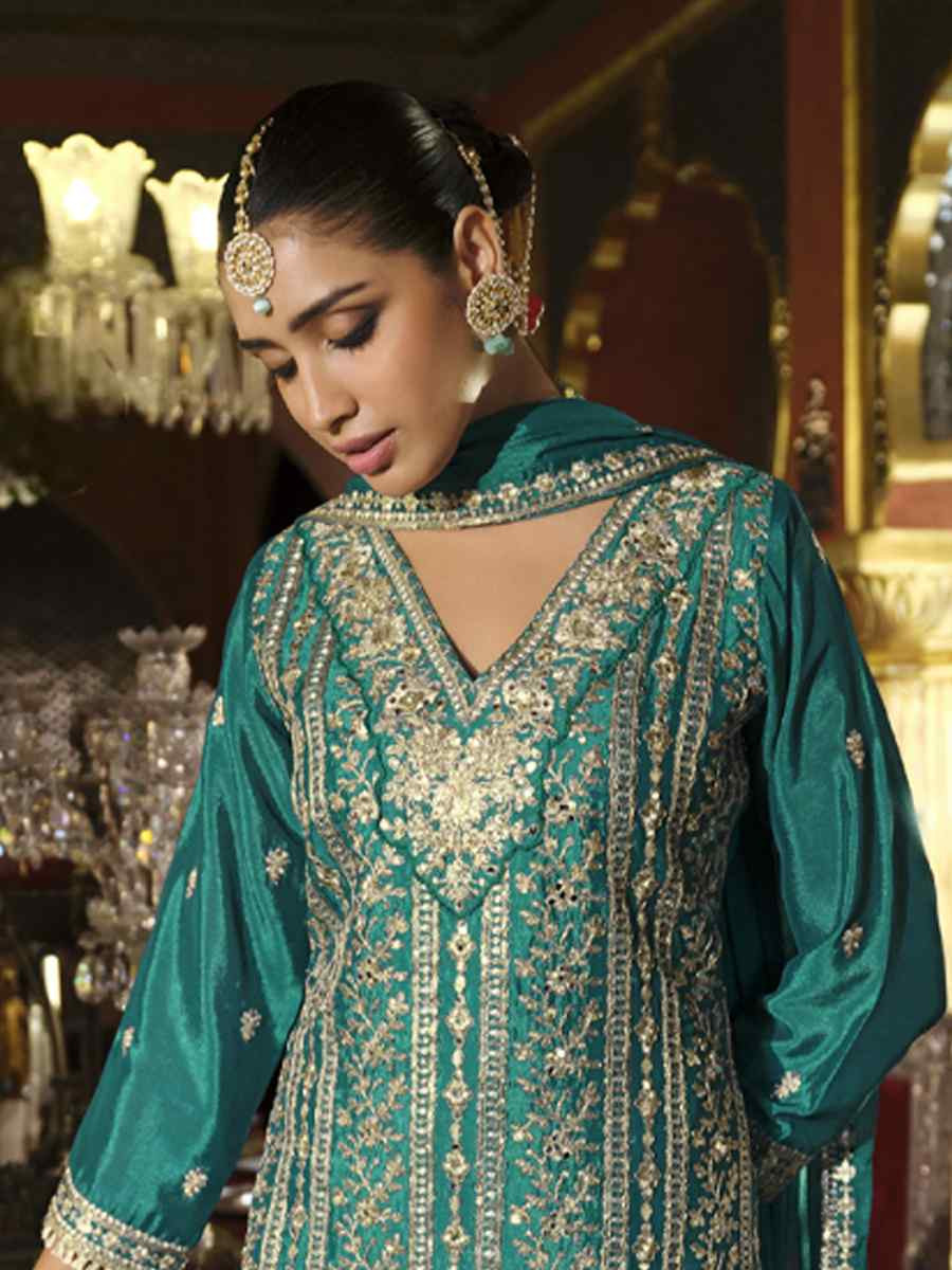 Turquoise Real Chinon Embroidered Party Wedding Ready Palazzo Pant Salwar Kameez