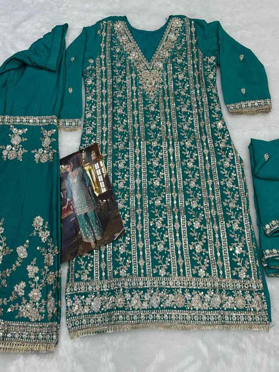 Turquoise Real Chinon Embroidered Party Wedding Ready Palazzo Pant Salwar Kameez