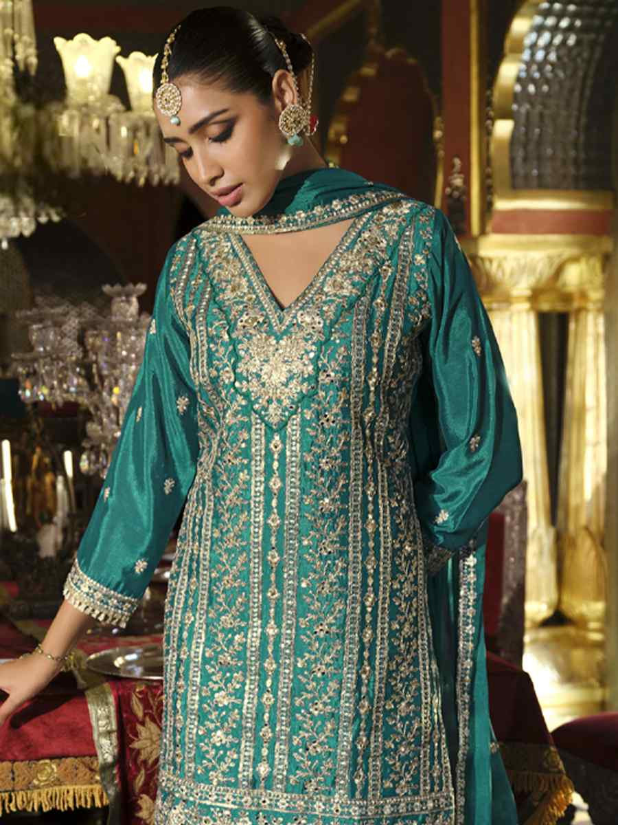 Turquoise Real Chinon Embroidered Party Wedding Ready Palazzo Pant Salwar Kameez