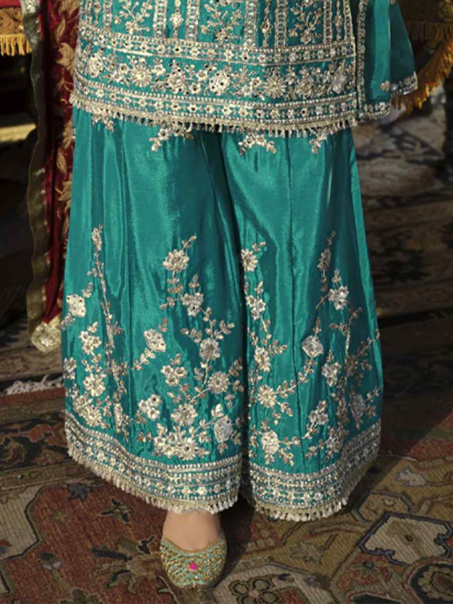 Turquoise Real Chinon Embroidered Party Wedding Ready Palazzo Pant Salwar Kameez