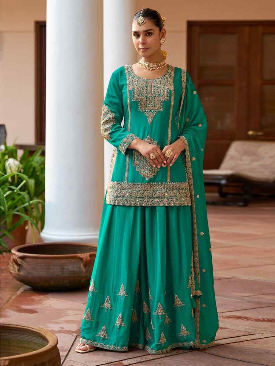 Turquoise Real Chinon Embroidered Party Wedding Ready Palazzo Pant Salwar Kameez