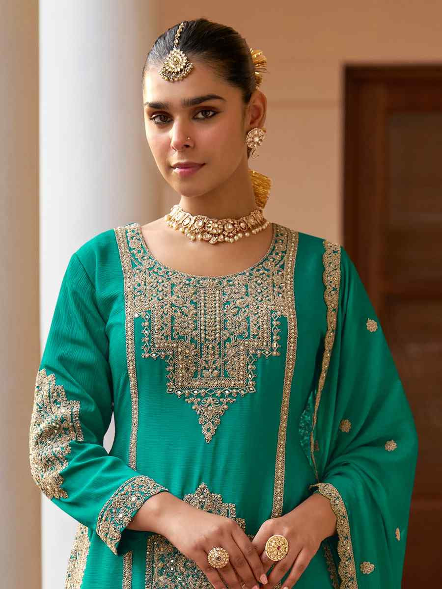 Turquoise Real Chinon Embroidered Party Wedding Ready Palazzo Pant Salwar Kameez