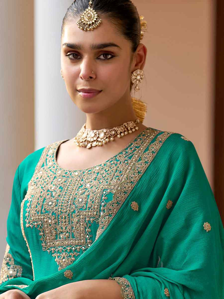 Turquoise Real Chinon Embroidered Party Wedding Ready Palazzo Pant Salwar Kameez