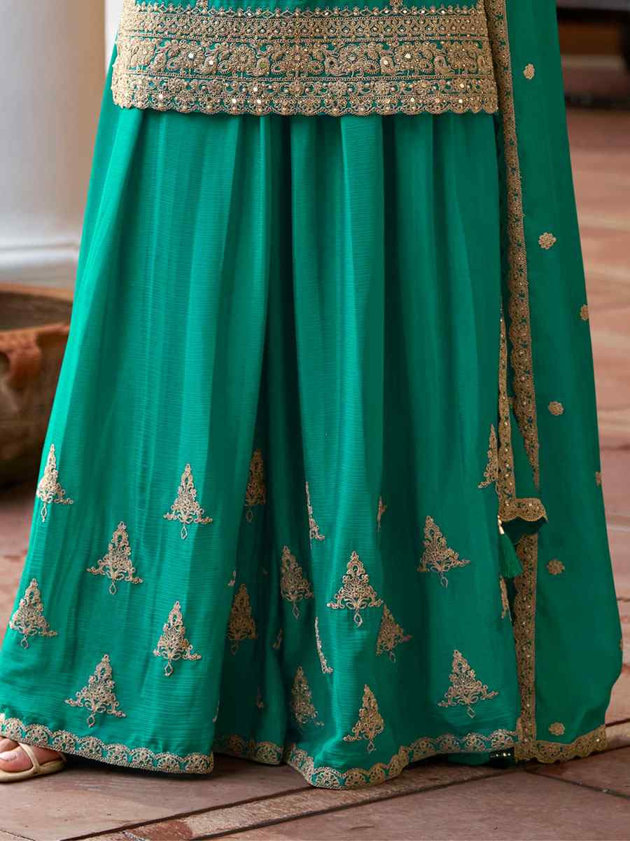 Turquoise Real Chinon Embroidered Party Wedding Ready Palazzo Pant Salwar Kameez