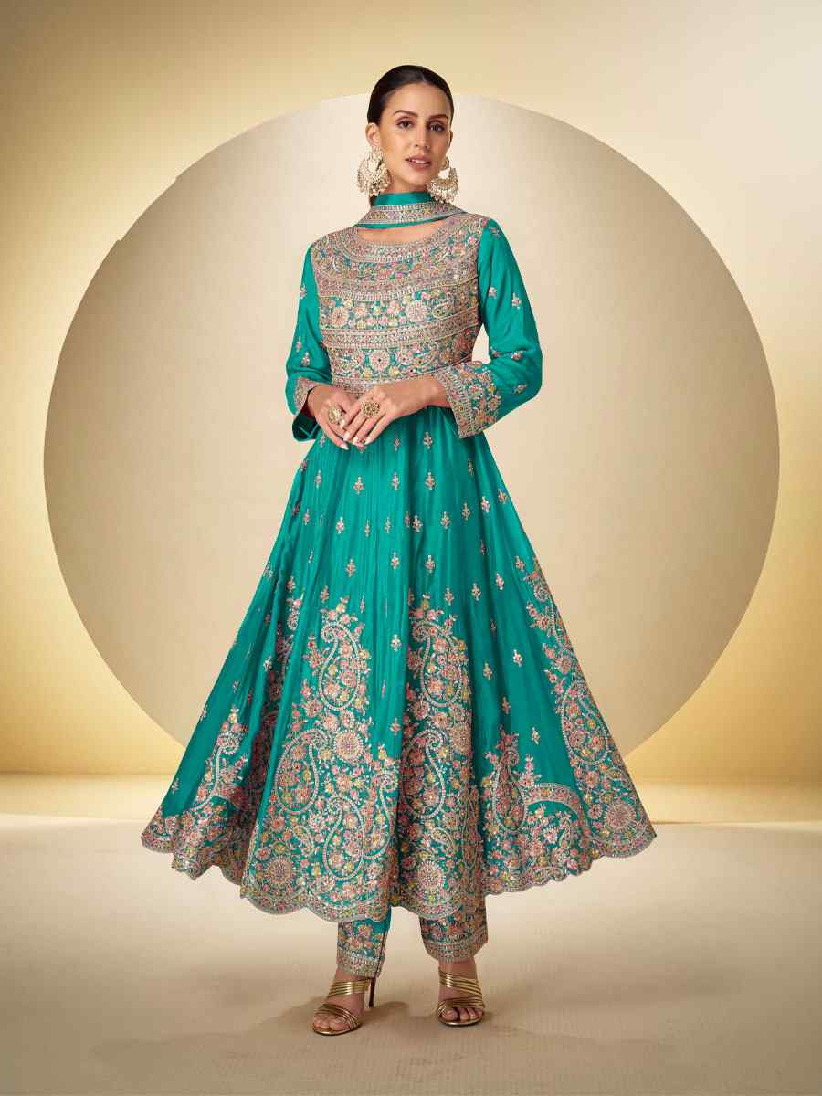 Turquoise Real Chinon Embroidered Party Wedding Ready Pant Salwar Kameez
