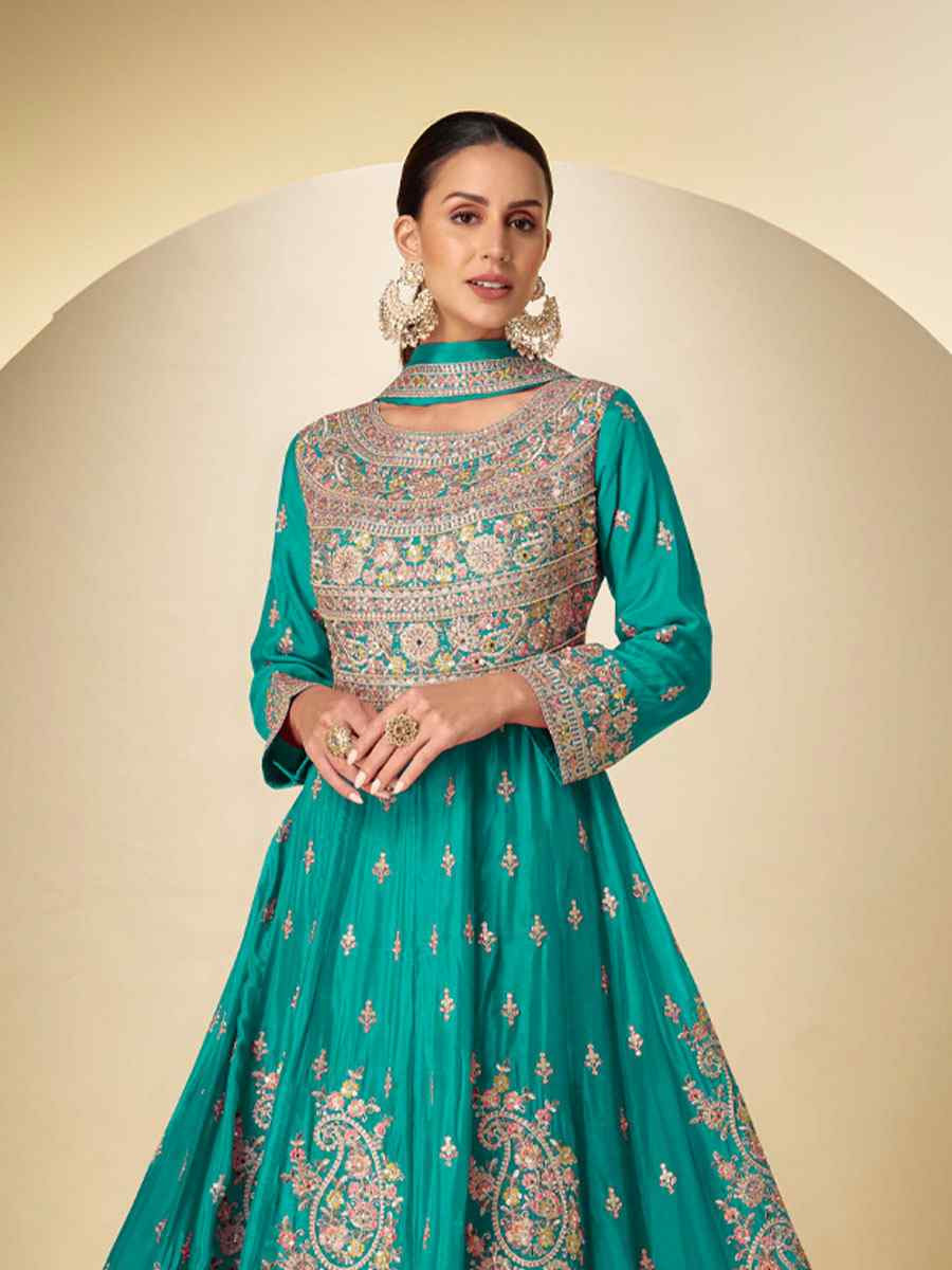 Turquoise Real Chinon Embroidered Party Wedding Ready Pant Salwar Kameez