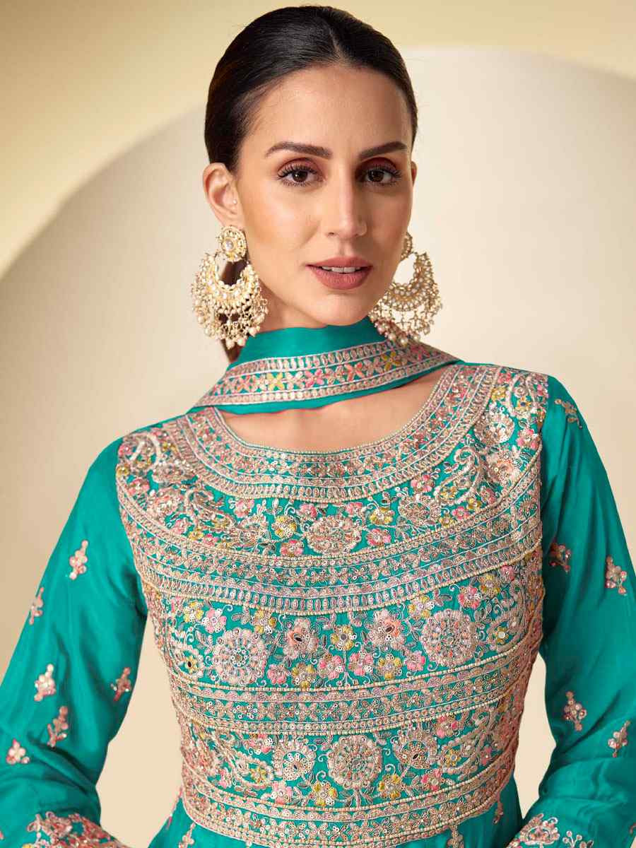 Turquoise Real Chinon Embroidered Party Wedding Ready Pant Salwar Kameez