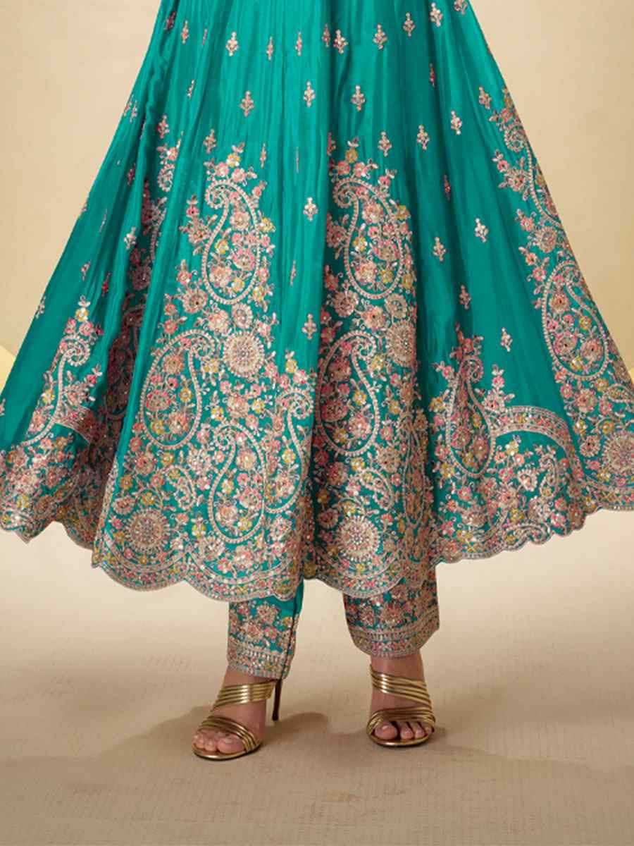 Turquoise Real Chinon Embroidered Party Wedding Ready Pant Salwar Kameez