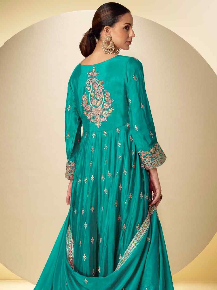 Turquoise Real Chinon Embroidered Party Wedding Ready Pant Salwar Kameez