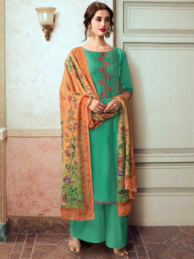Turquoise Satin Georgette Embroidered Festival Casual Palazzo Pant Salwar Kameez