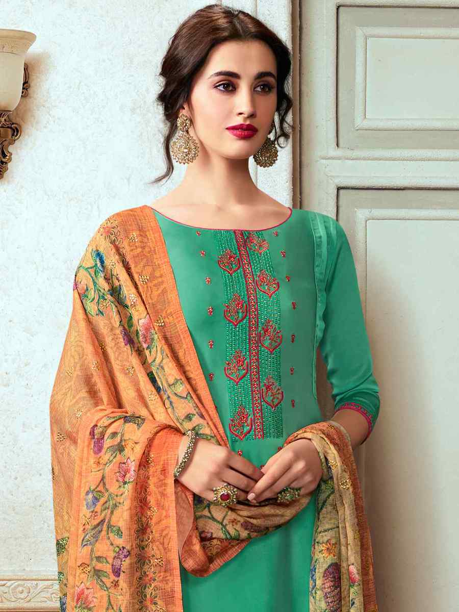Turquoise Satin Georgette Embroidered Festival Casual Palazzo Pant Salwar Kameez