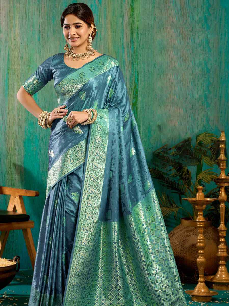 Turquoise Satin Silk Handwoven Casual Reception Festival Wedding Fancy Classic Style Sarees