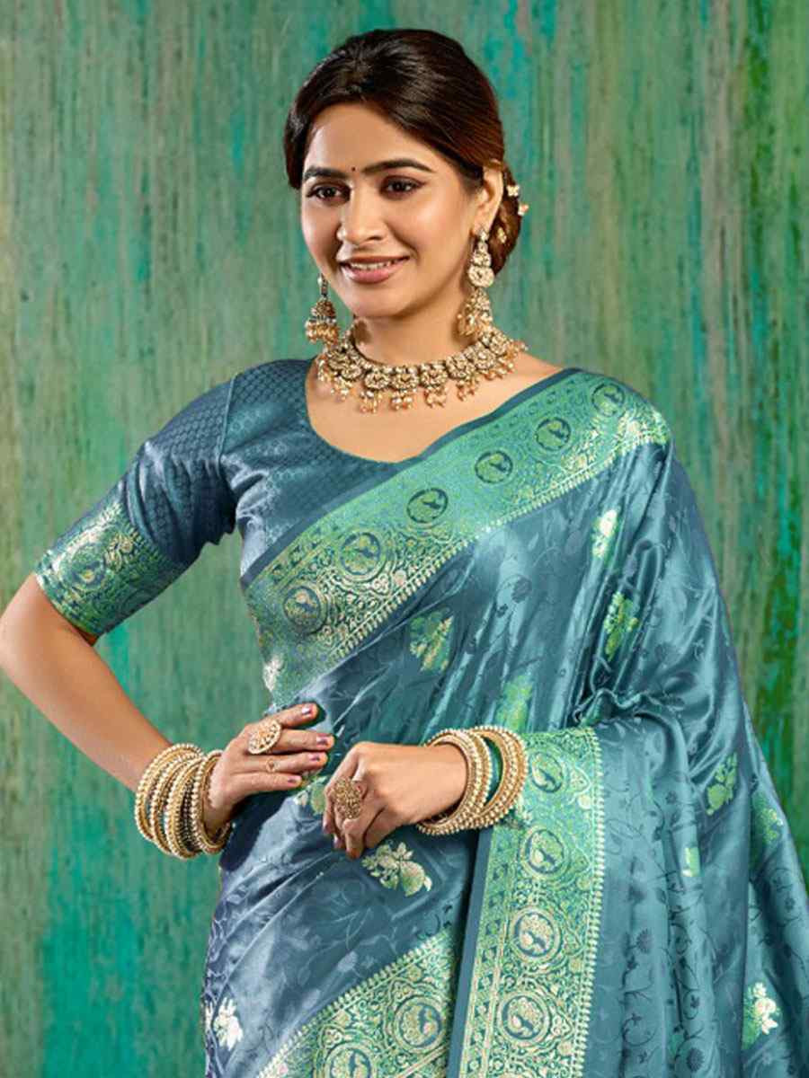 Turquoise Satin Silk Handwoven Casual Reception Festival Wedding Fancy Classic Style Sarees