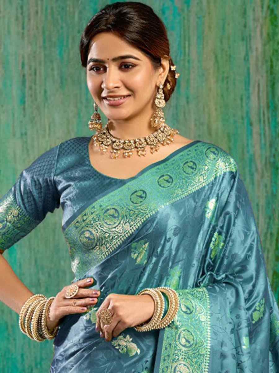Turquoise Satin Silk Handwoven Casual Reception Festival Wedding Fancy Classic Style Sarees