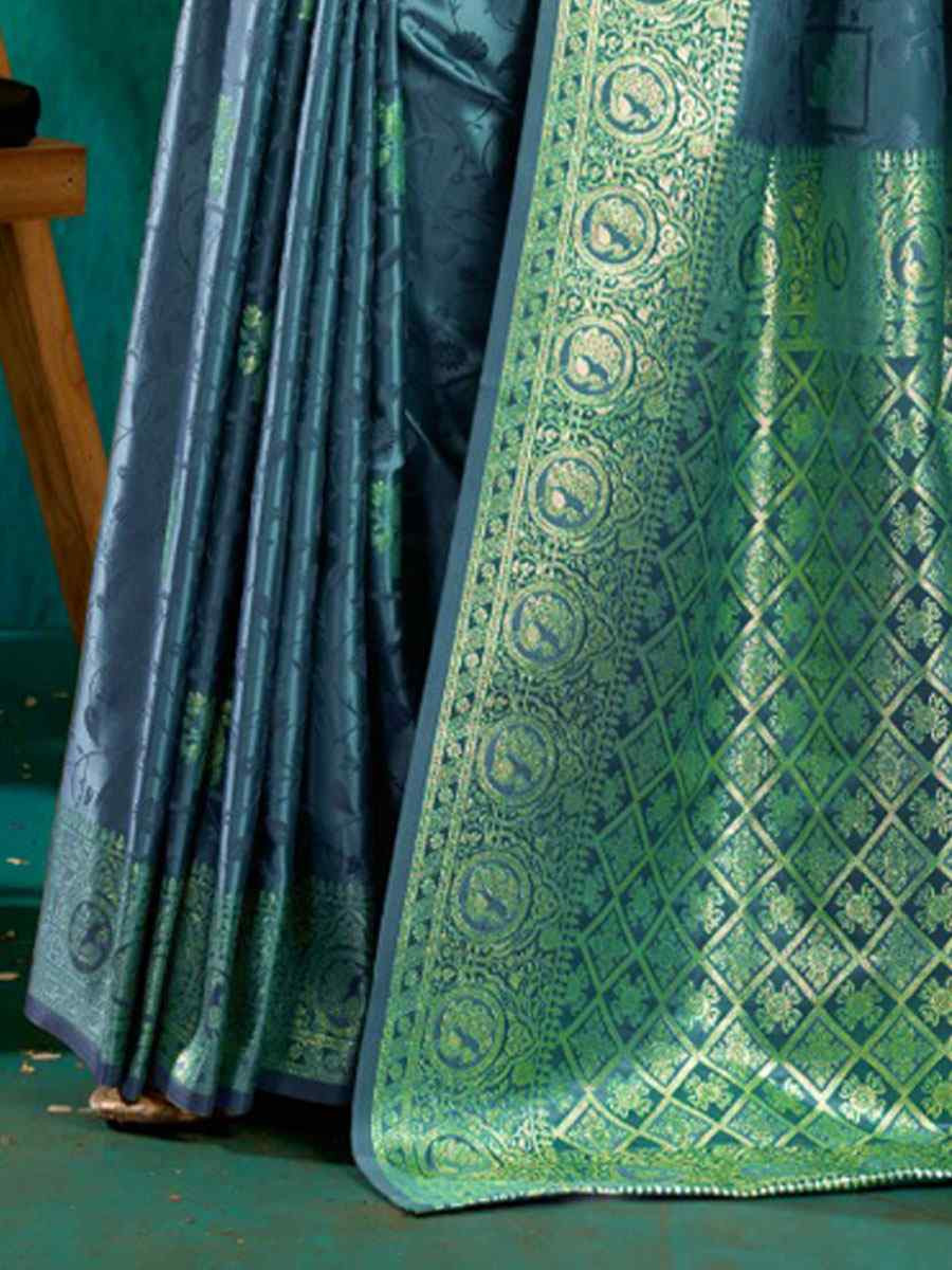 Turquoise Satin Silk Handwoven Casual Reception Festival Wedding Fancy Classic Style Sarees