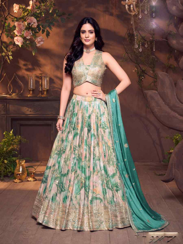 Image of Turquoise Silk Embroidered Wedding Reception Festival Ready Heavy Border Lehenga Choli