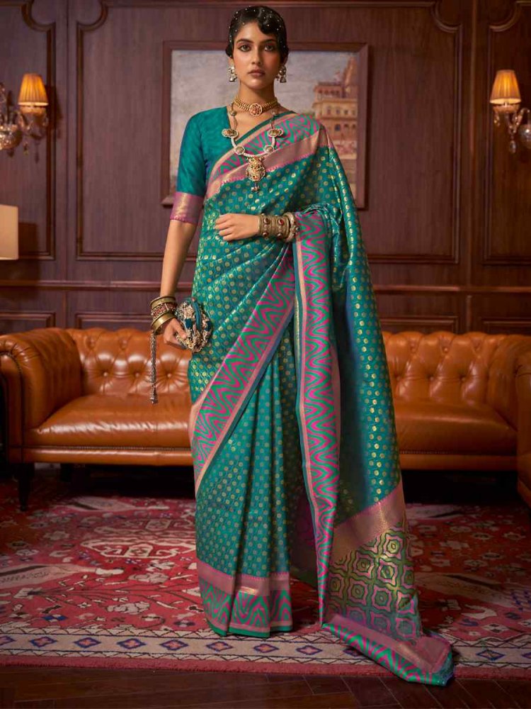 Turquoise Silk Handwoven Party Festival Heavy Border Saree