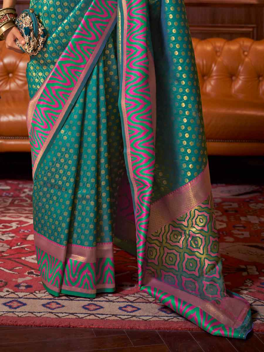 Turquoise Silk Handwoven Party Festival Heavy Border Saree
