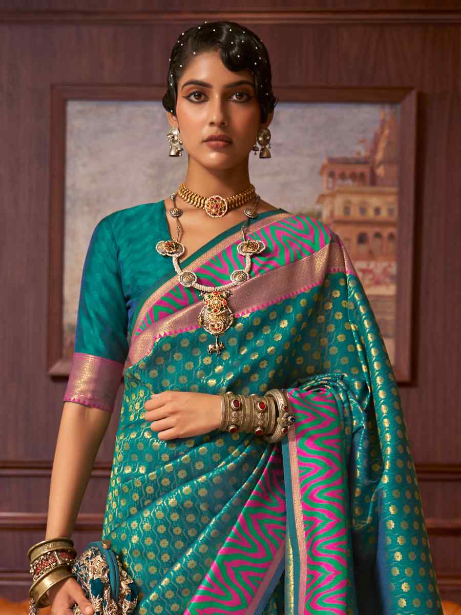 Turquoise Silk Handwoven Party Festival Heavy Border Saree