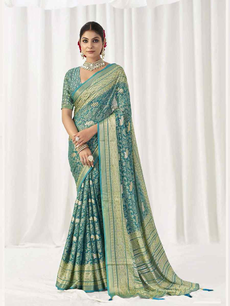 Turquoise Silk Handwoven Traditional Bridal Reception Festival Wedding Fancy Heavy Border Sarees