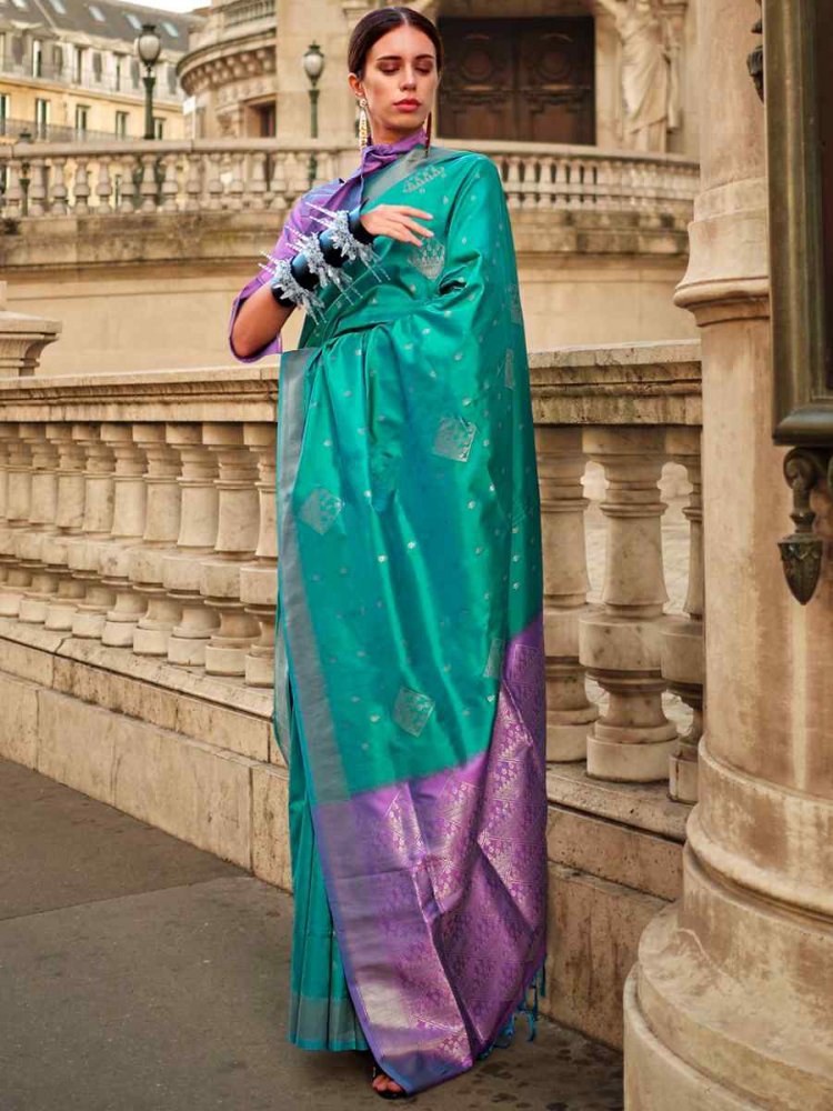Turquoise Silk Handwoven Wedding Festival Heavy Border Saree