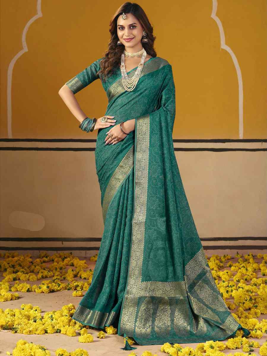 Turquoise Silk Printed Handwoven Casual Reception Festival Wedding Fancy Classic Style Sarees