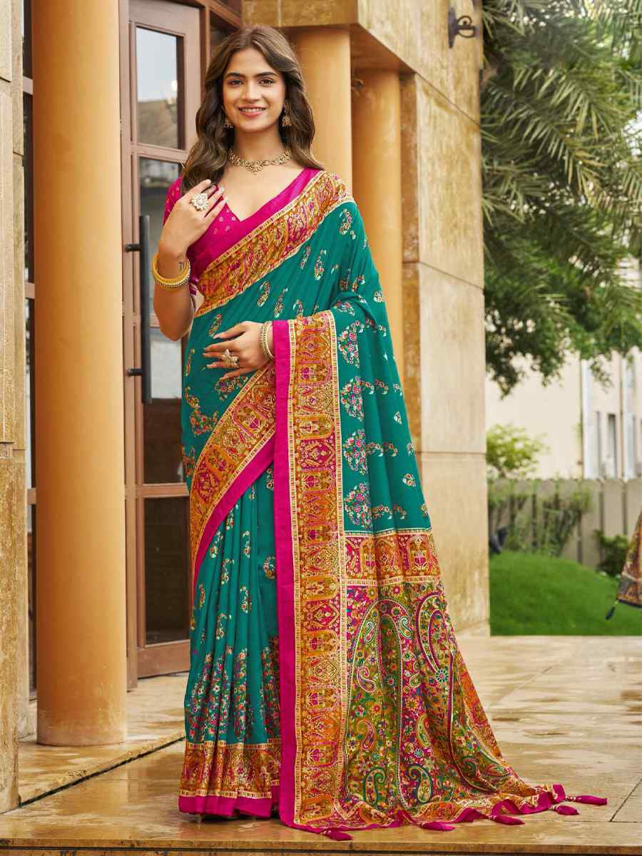 Turquoise Silk Printed Handwoven Traditional Bridal Reception Festival Wedding Fancy Classic Style Sarees
