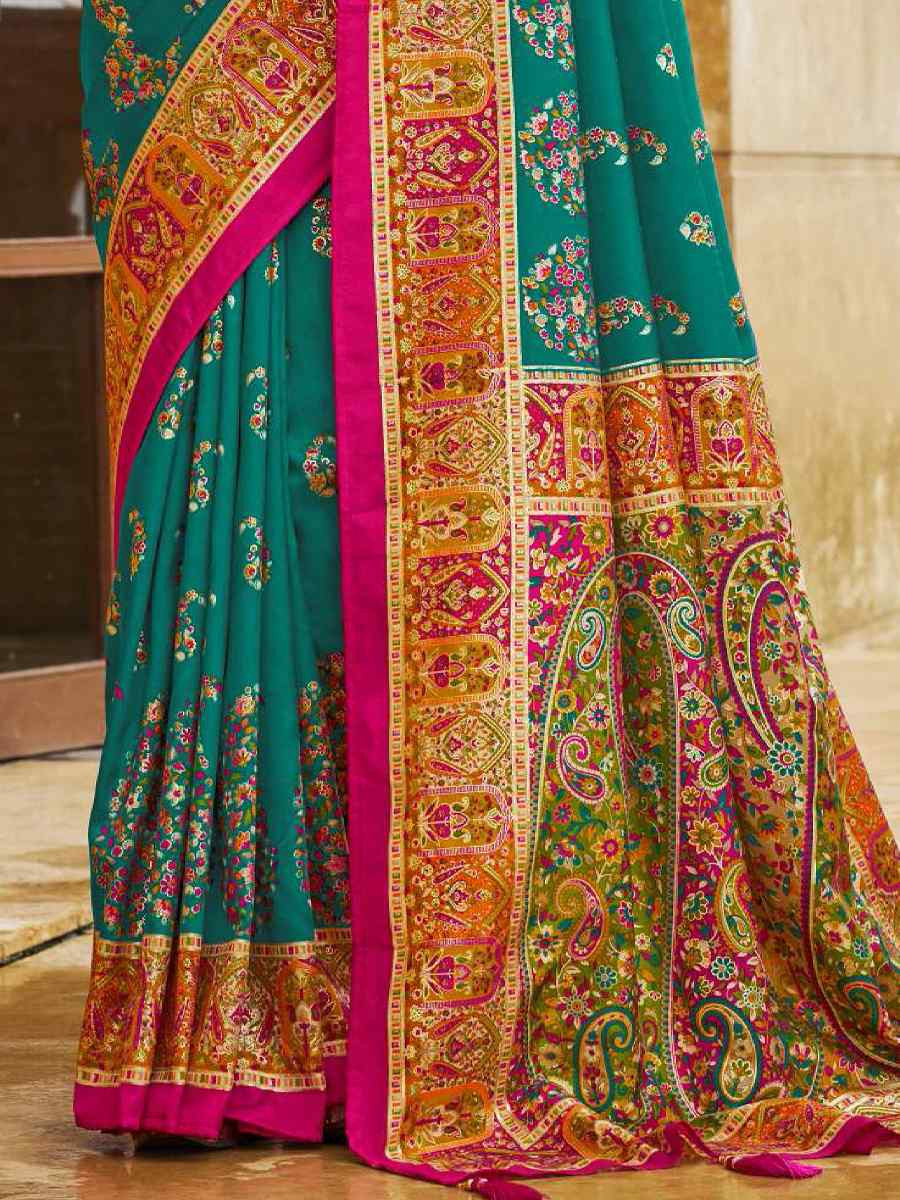 Turquoise Silk Printed Handwoven Traditional Bridal Reception Festival Wedding Fancy Classic Style Sarees