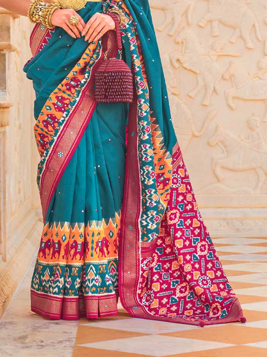 Turquoise Smooth Patola Printed Casual Festival Contemporary Saree
