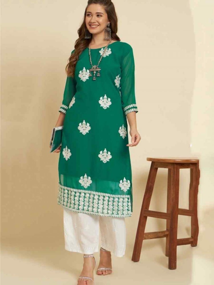 Turquoise Soft Georgette Embroidered Festival Casual Kurti