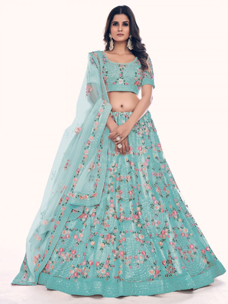 Turquoise Soft Net Embroidered Bridal Wedding Heavy Border Lehenga Choli