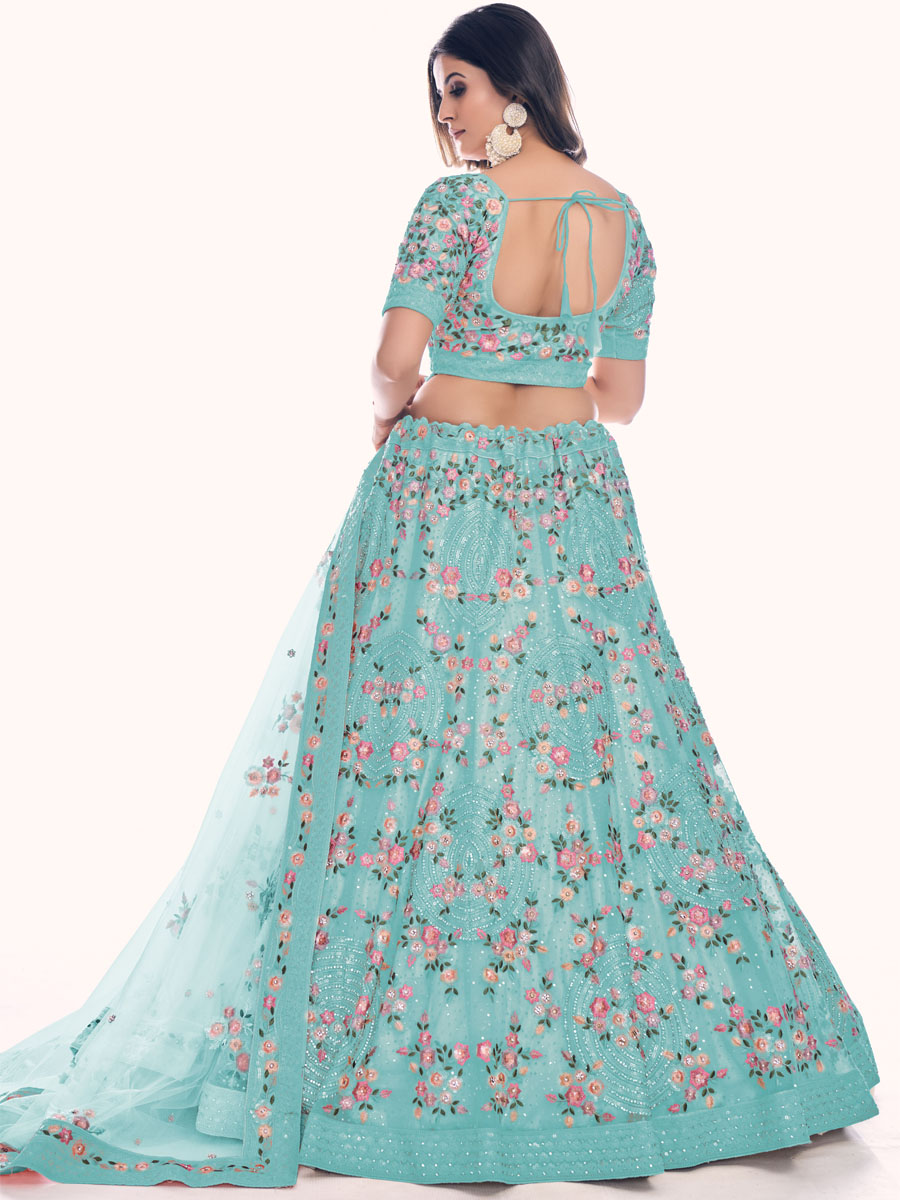 Turquoise Soft Net Embroidered Bridal Wedding Heavy Border Lehenga Choli