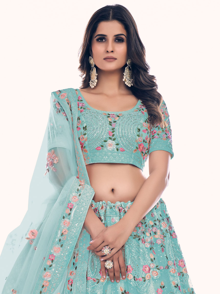 Turquoise Soft Net Embroidered Bridal Wedding Heavy Border Lehenga Choli