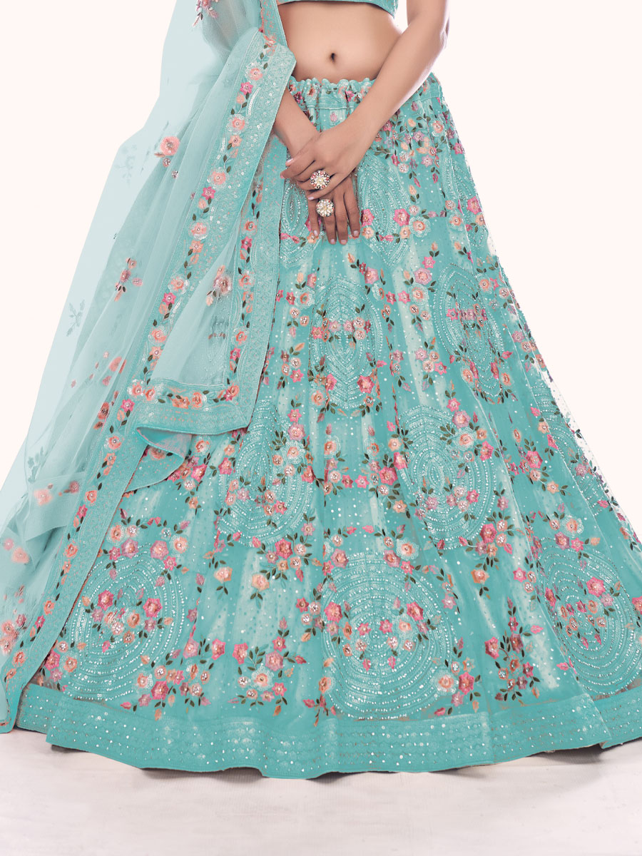 Turquoise Soft Net Embroidered Bridal Wedding Heavy Border Lehenga Choli