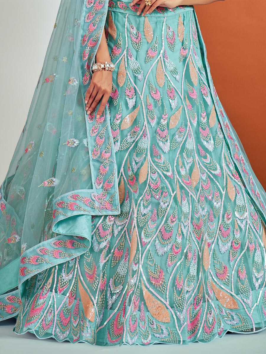 Turquoise Soft Net Embroidered Bridesmaid Wedding Heavy Border Lehenga Choli