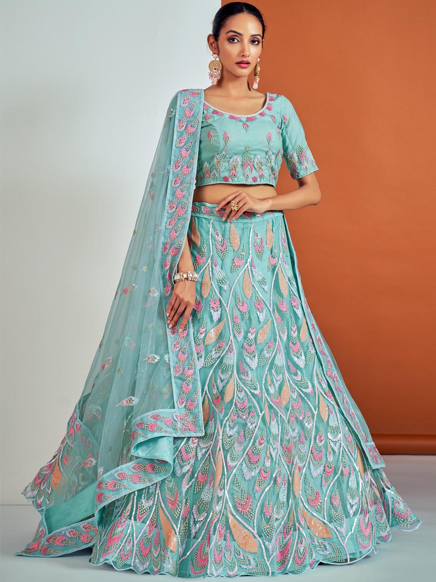 Turquoise Soft Net Embroidered Bridesmaid Wedding Heavy Border Lehenga Choli