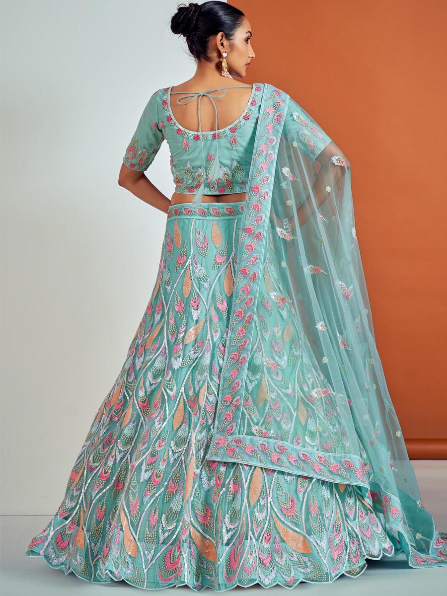 Turquoise Soft Net Embroidered Bridesmaid Wedding Heavy Border Lehenga Choli