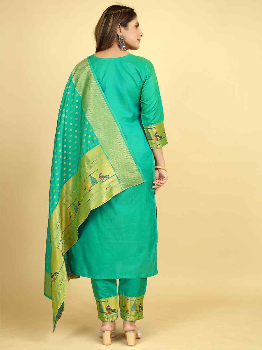 Turquoise Soft Silk Handwoven Casual Festival Pant Salwar Kameez