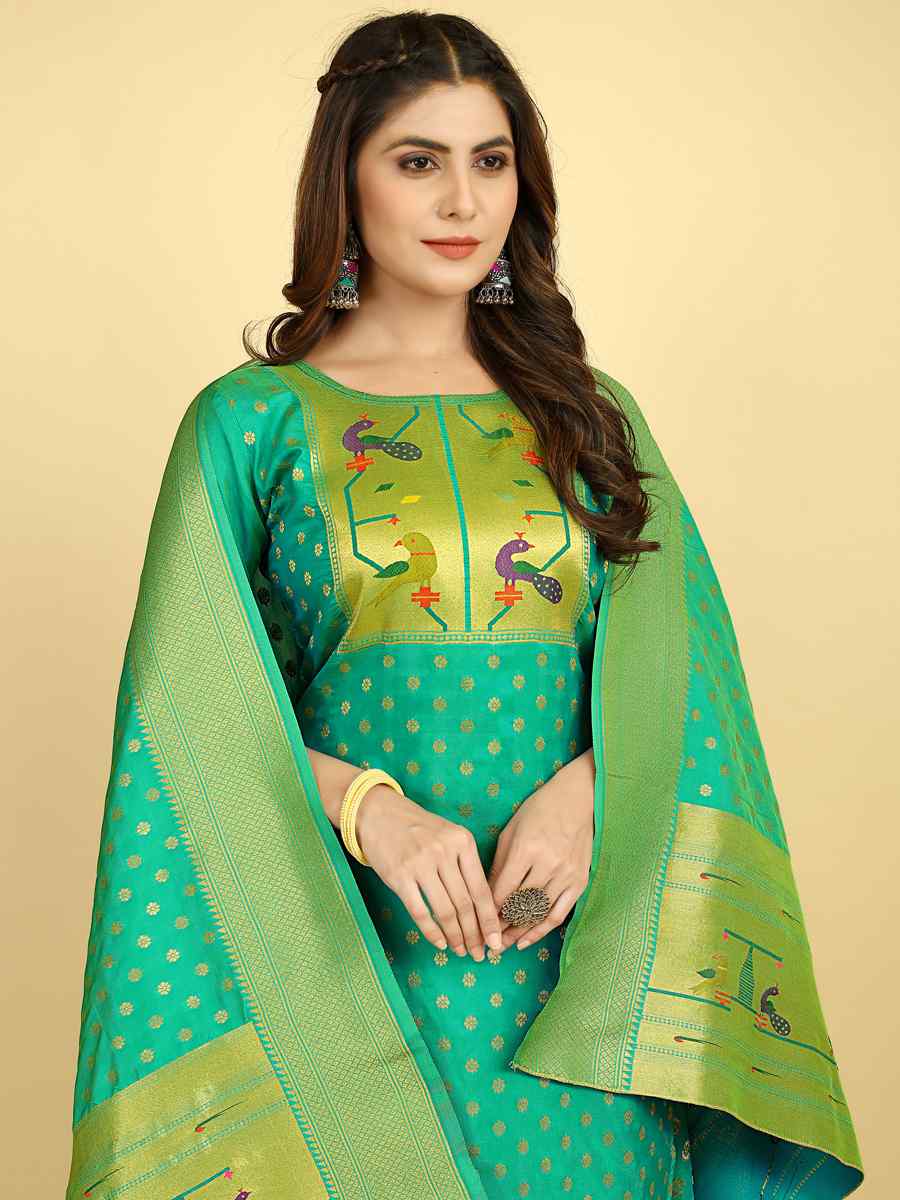 Turquoise Soft Silk Handwoven Casual Festival Pant Salwar Kameez