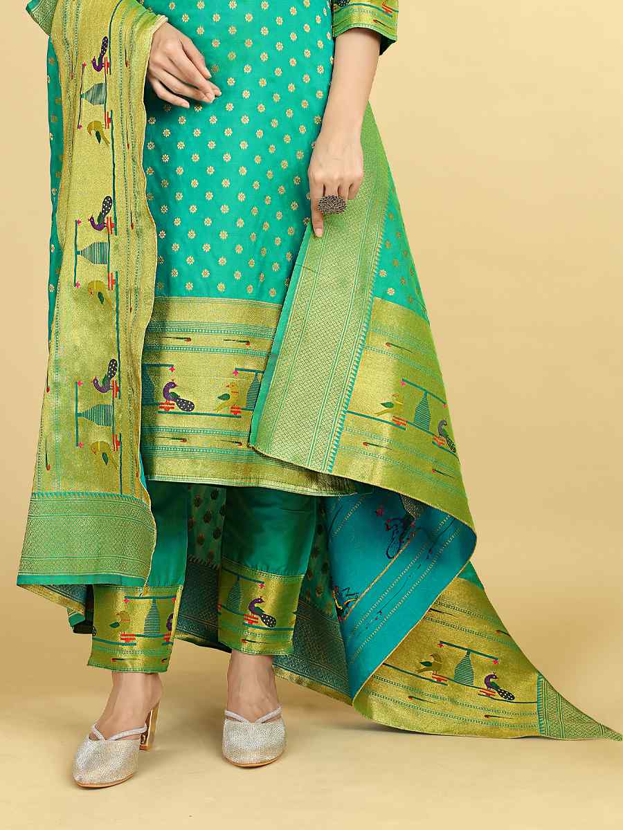 Turquoise Soft Silk Handwoven Casual Festival Pant Salwar Kameez