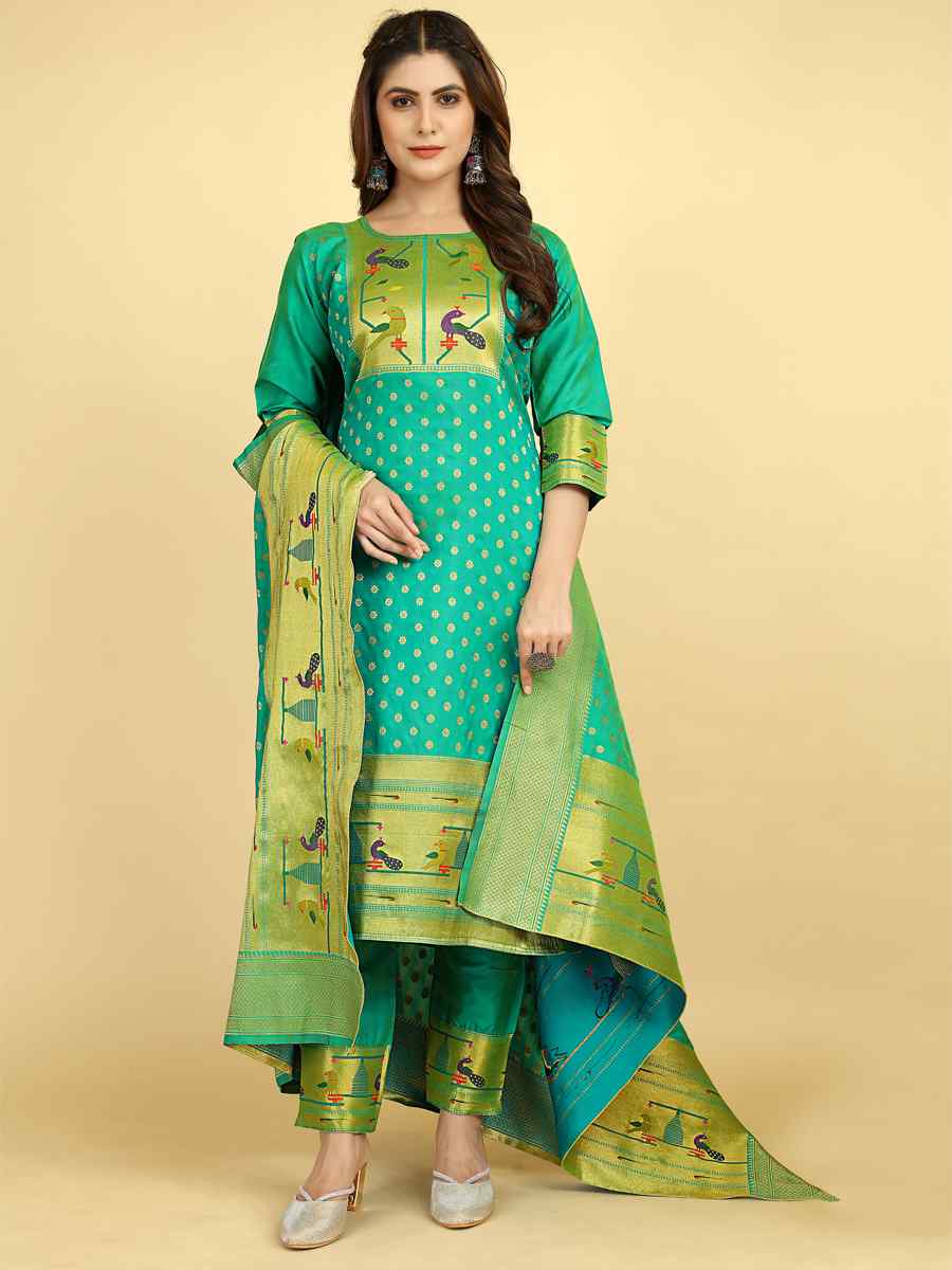 Turquoise Soft Silk Handwoven Casual Festival Pant Salwar Kameez