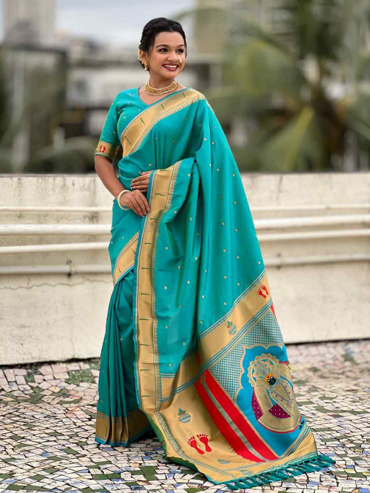 Image of Turquoise Soft Silk Handwoven Casual Reception Festival Wedding Fancy Classic Style Sarees