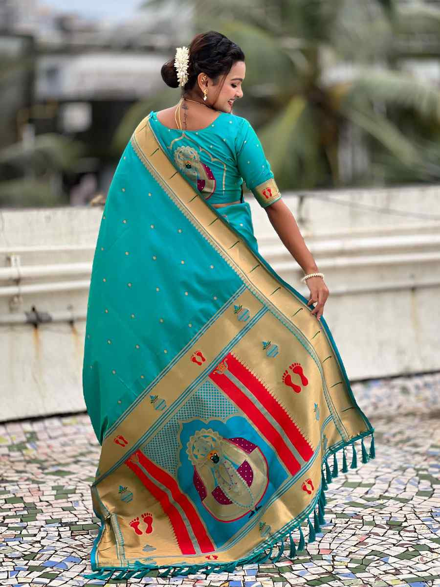 Turquoise Soft Silk Handwoven Casual Reception Festival Wedding Fancy Classic Style Sarees