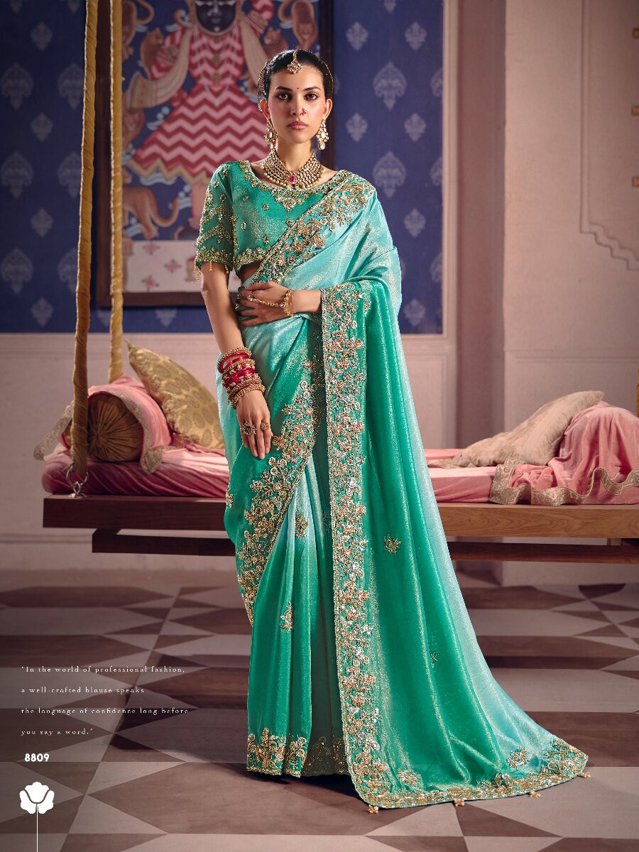 Turquoise Tissue Silk Embroidery Sequins Zari Wedding Party Festival Casual Heavy Border Sarees
