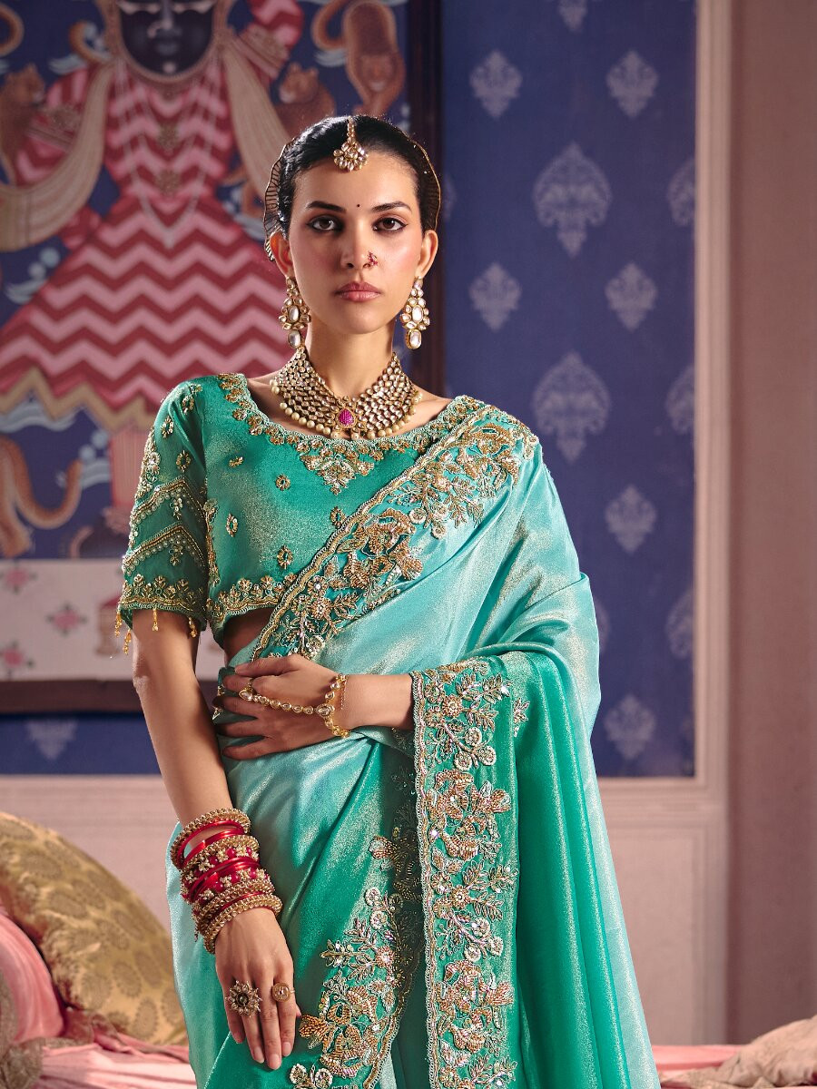 Turquoise Tissue Silk Embroidery Sequins Zari Wedding Party Festival Casual Heavy Border Sarees