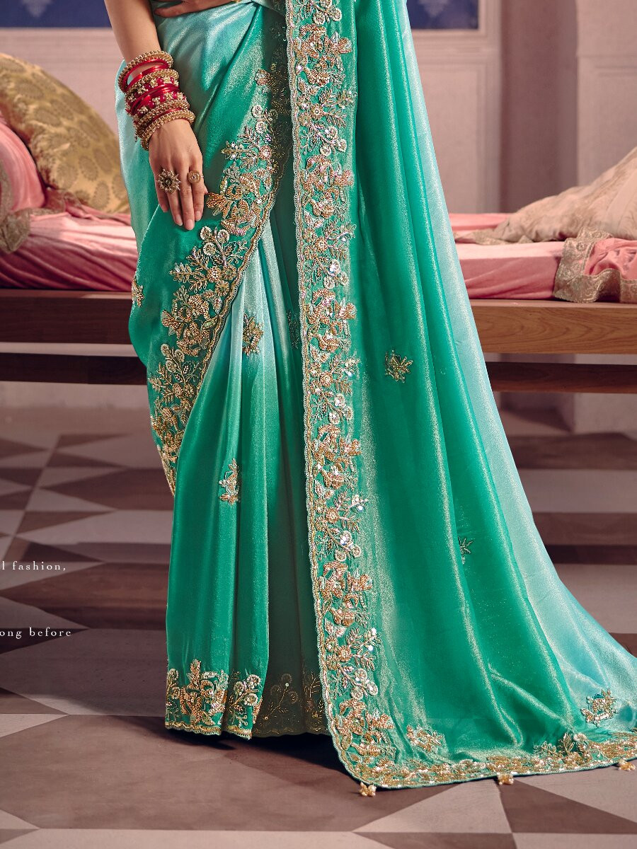 Turquoise Tissue Silk Embroidery Sequins Zari Wedding Party Festival Casual Heavy Border Sarees