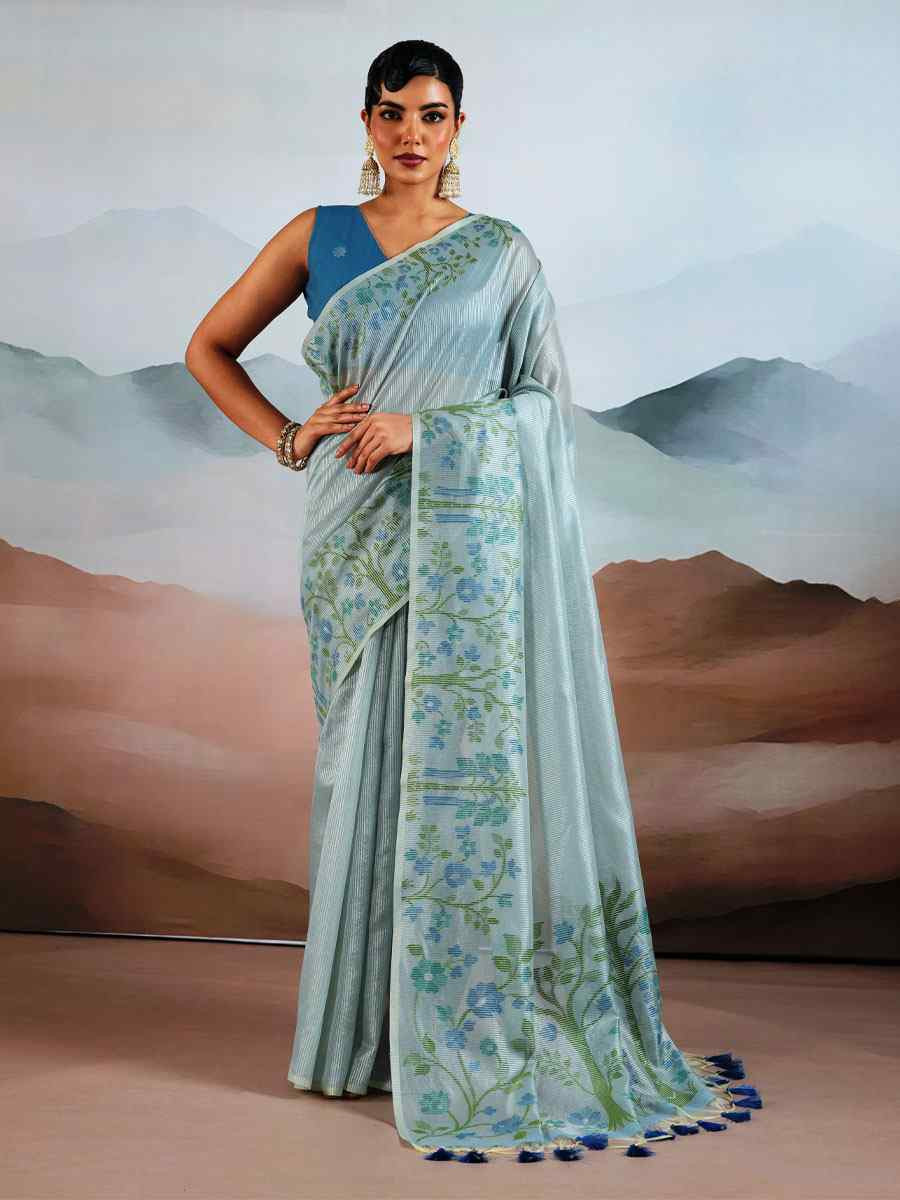 Turquoise Tissue Silk Handwoven Traditional Casual Reception Festival Wedding Fancy Heavy Border Saree