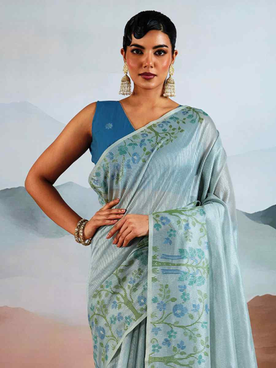 Turquoise Tissue Silk Handwoven Traditional Casual Reception Festival Wedding Fancy Heavy Border Saree