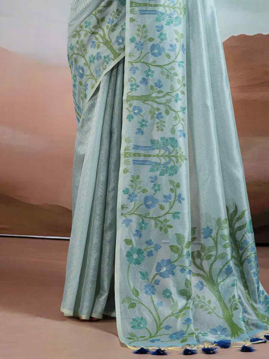 Turquoise Tissue Silk Handwoven Traditional Casual Reception Festival Wedding Fancy Heavy Border Saree